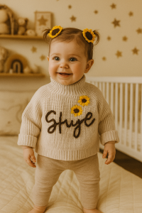 customized crochet embroidered baby girl sweater with name and embroidered sunfloweres