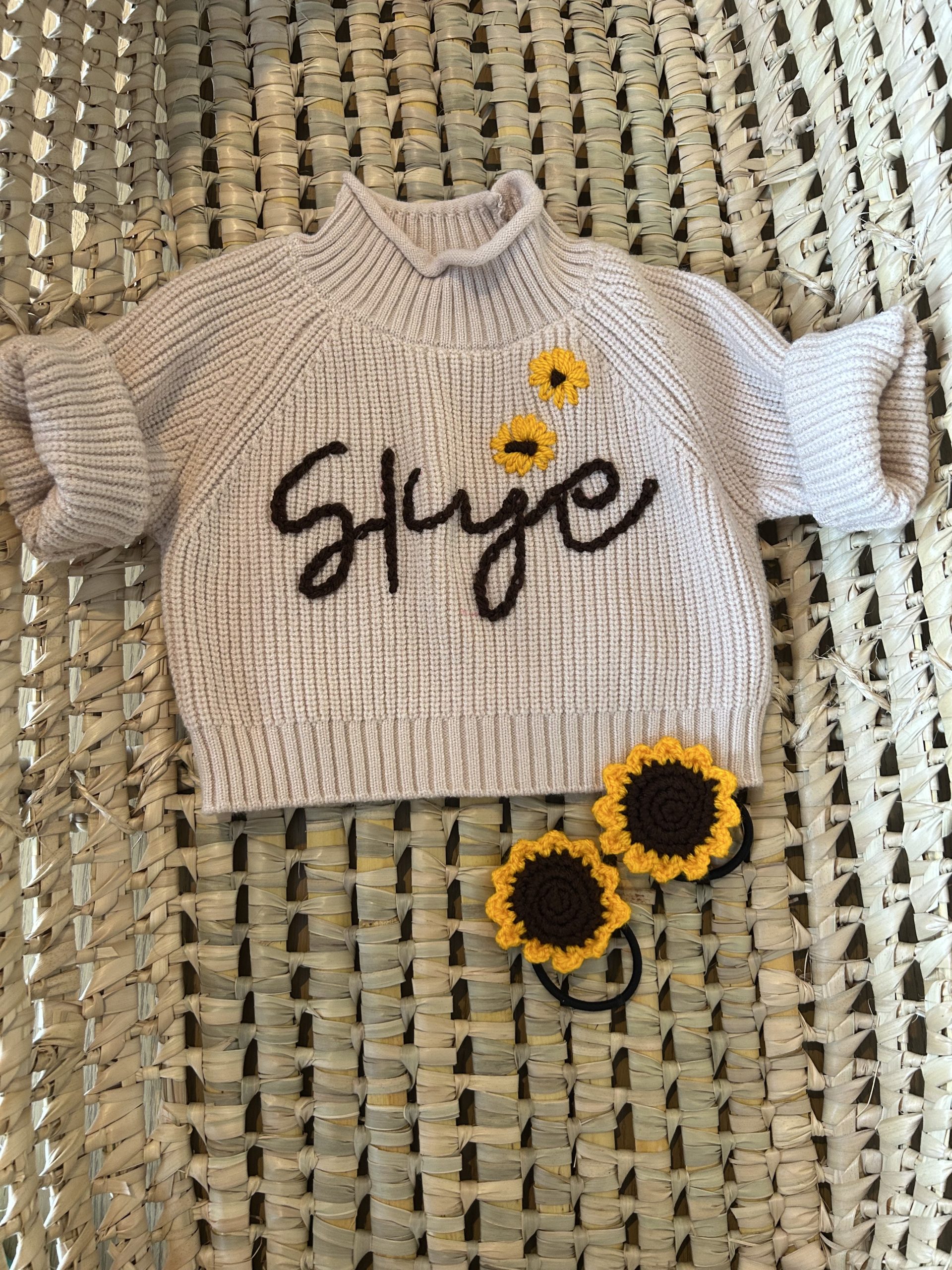 Customized crochet embroidary baby sweater - Customize your baby's name with crochet embroidary,comes unisex or girls touch with embroidered sunflowers - Image 8